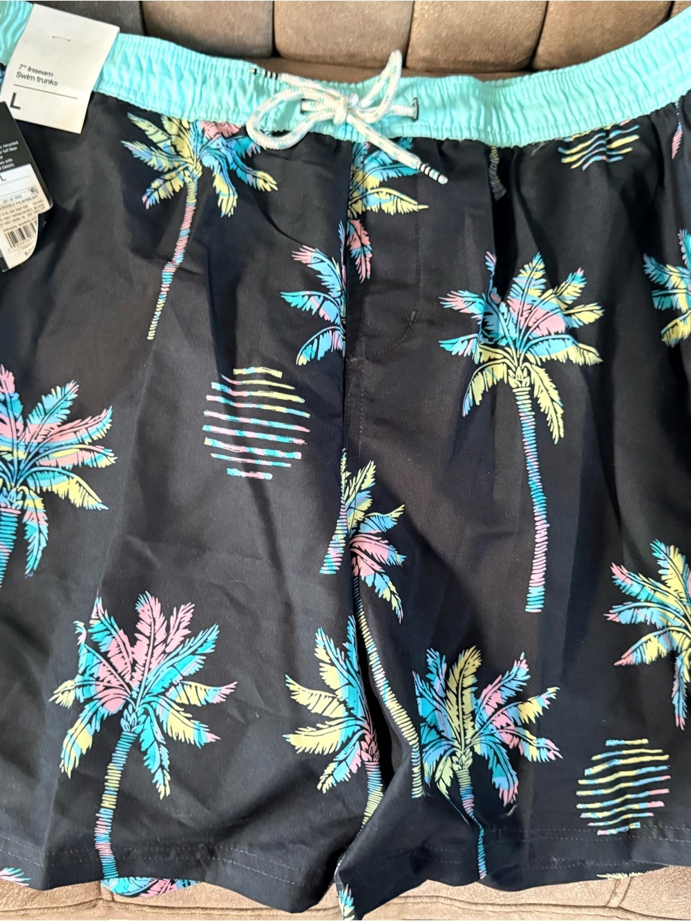 Original Use Black Swim Trunks with Aqua, Pink & Yellow Palm Print